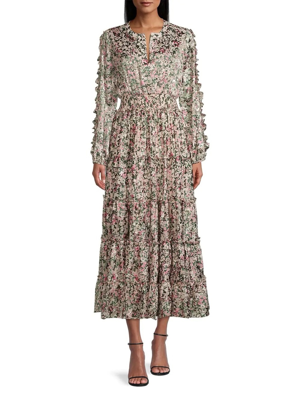 Elie Tahari Abstract Floral Tiered Maxi Dress